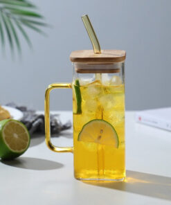 Square Glass Mug With Lid and Straw 400 ml